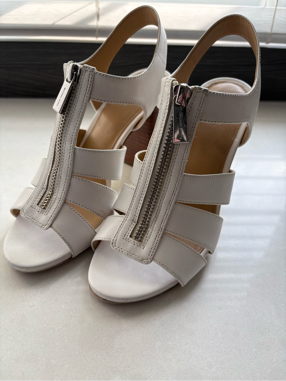 MICHAEL Michael Kors White Leather Zip-Front Heeled Sandals